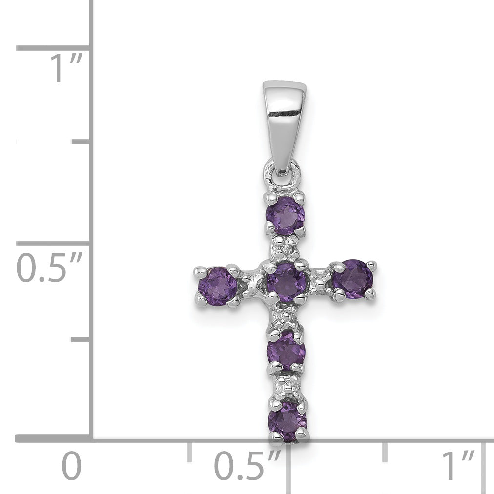 Sterling Silver Rh Plated Amethyst And Diamond Accent Cross Pendant