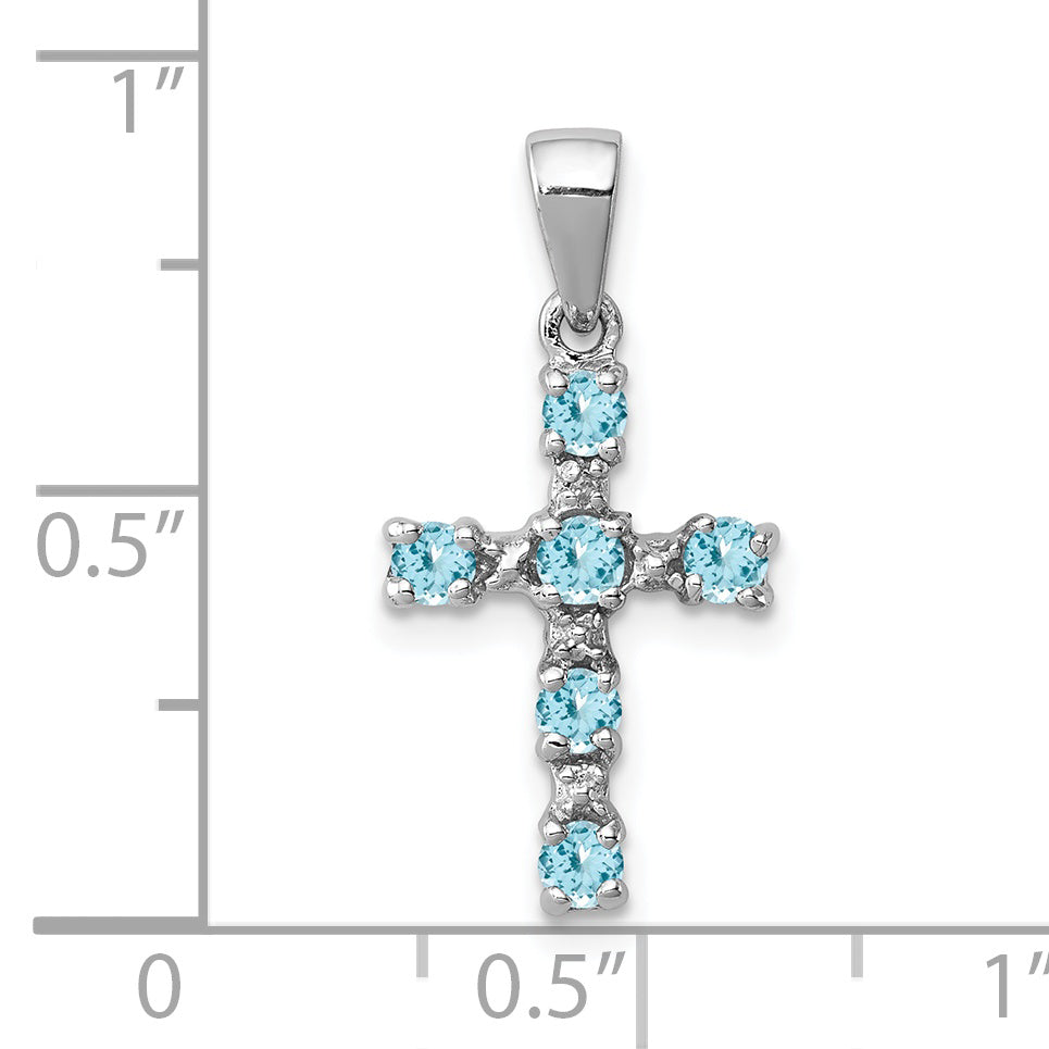 Sterling Silver Rhodium Lt Sw Blue Topaz Cross & Diamond Accent Pendant