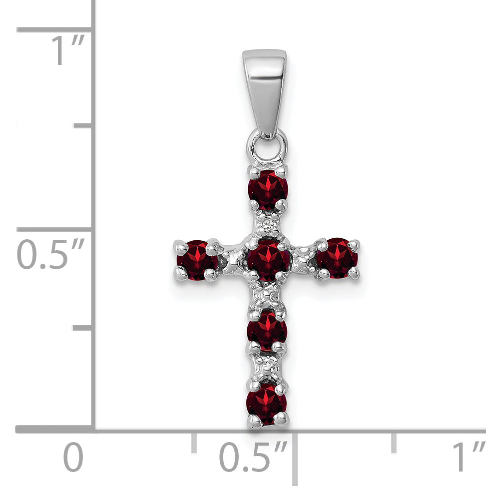 Sterling Silver Rhodium-Plated Garnet & Diamond Accent Cross Pendant