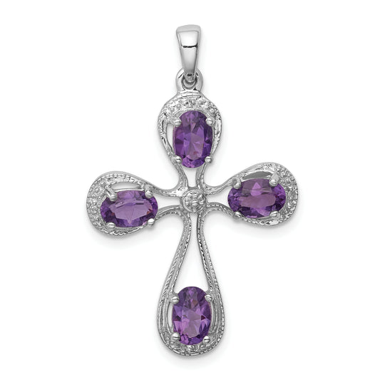 Sterling Silver Rhodium Plated Amethyst And Diamond Cross Pendant