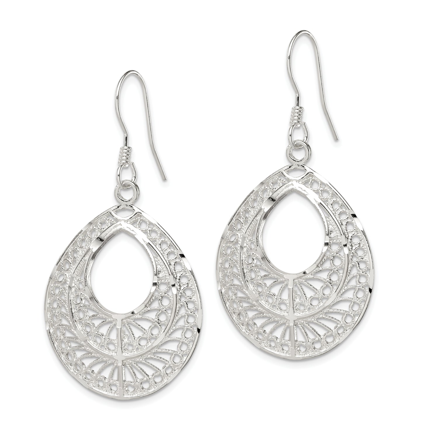 Sterling Silver Polished Textured D/C Filigree Teardrop Dangle Earrings