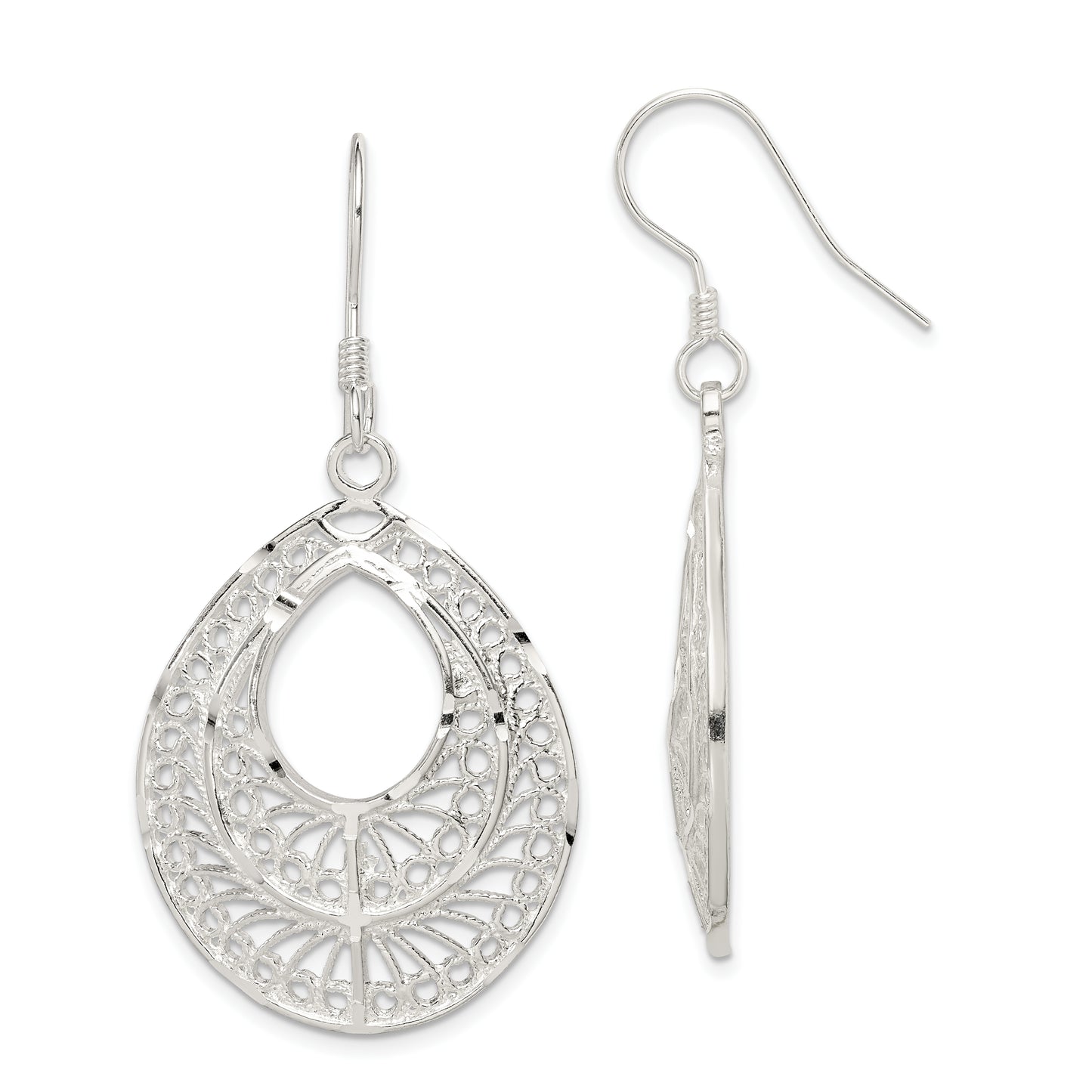 Sterling Silver Polished Textured D/C Filigree Teardrop Dangle Earrings