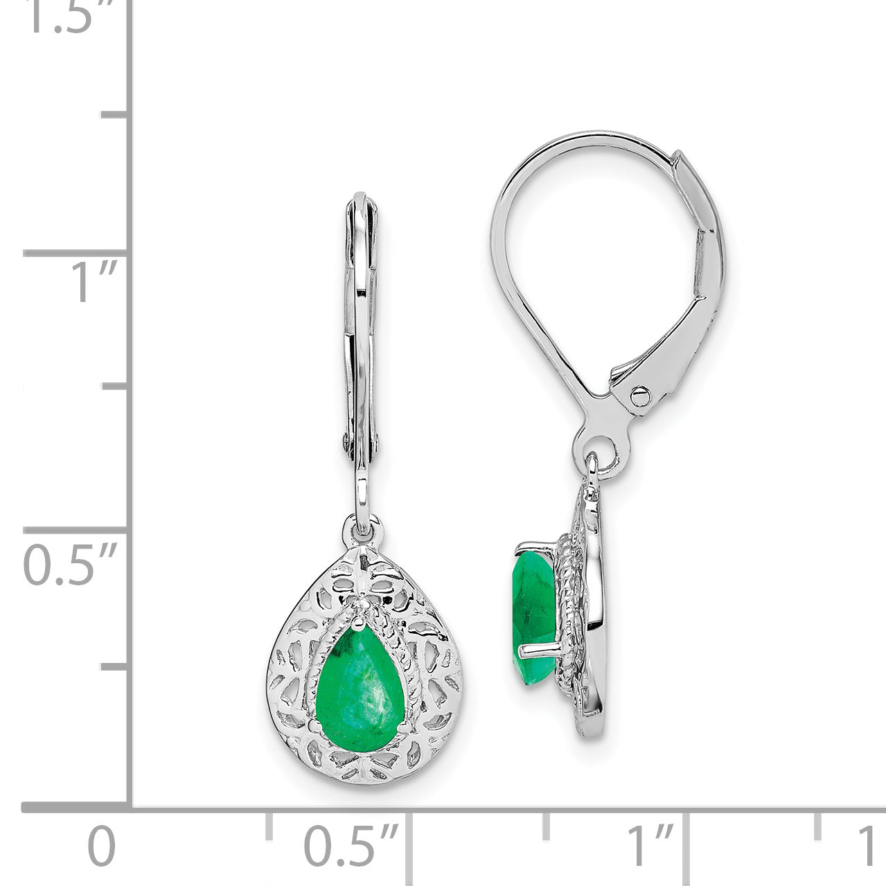 Sterling Silver Rhodium-Plated Emerald Teardrop Lever Back Earrings