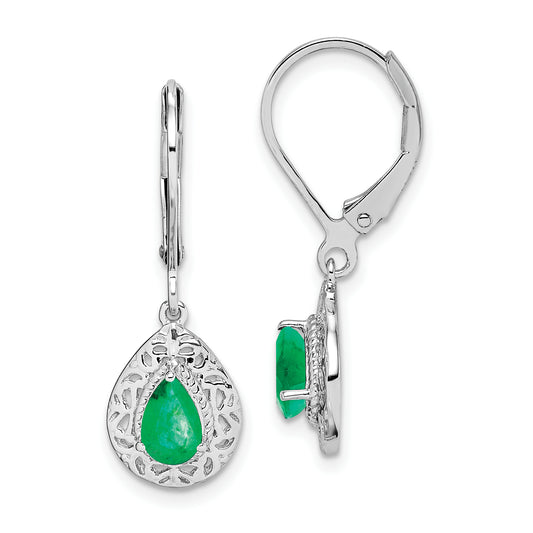 Sterling Silver Rhodium-Plated Emerald Teardrop Lever Back Earrings