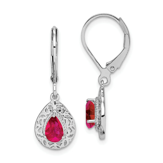 Sterling Silver Rhodium Ruby Teardrop Lever Back Earrings