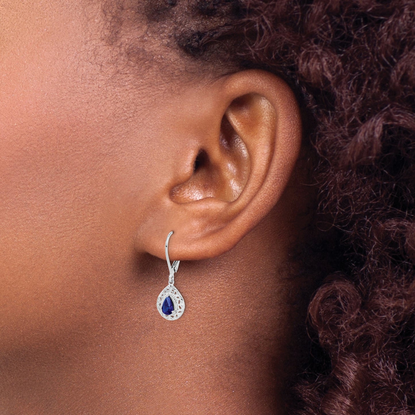 Sterling Silver Rhodium-Plated Sapphire Teardrop Lever Back Earrings