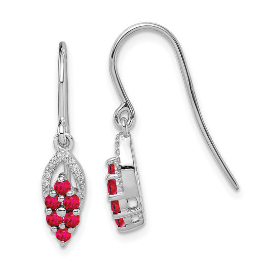 Sterling Silver Rhodium Diamond & Ruby Shepherd Hook Earrings