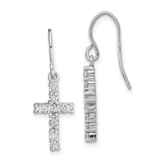 Sterling Silver Rhodium-Plated Polished Cz Latin Cross Dangle Earrings