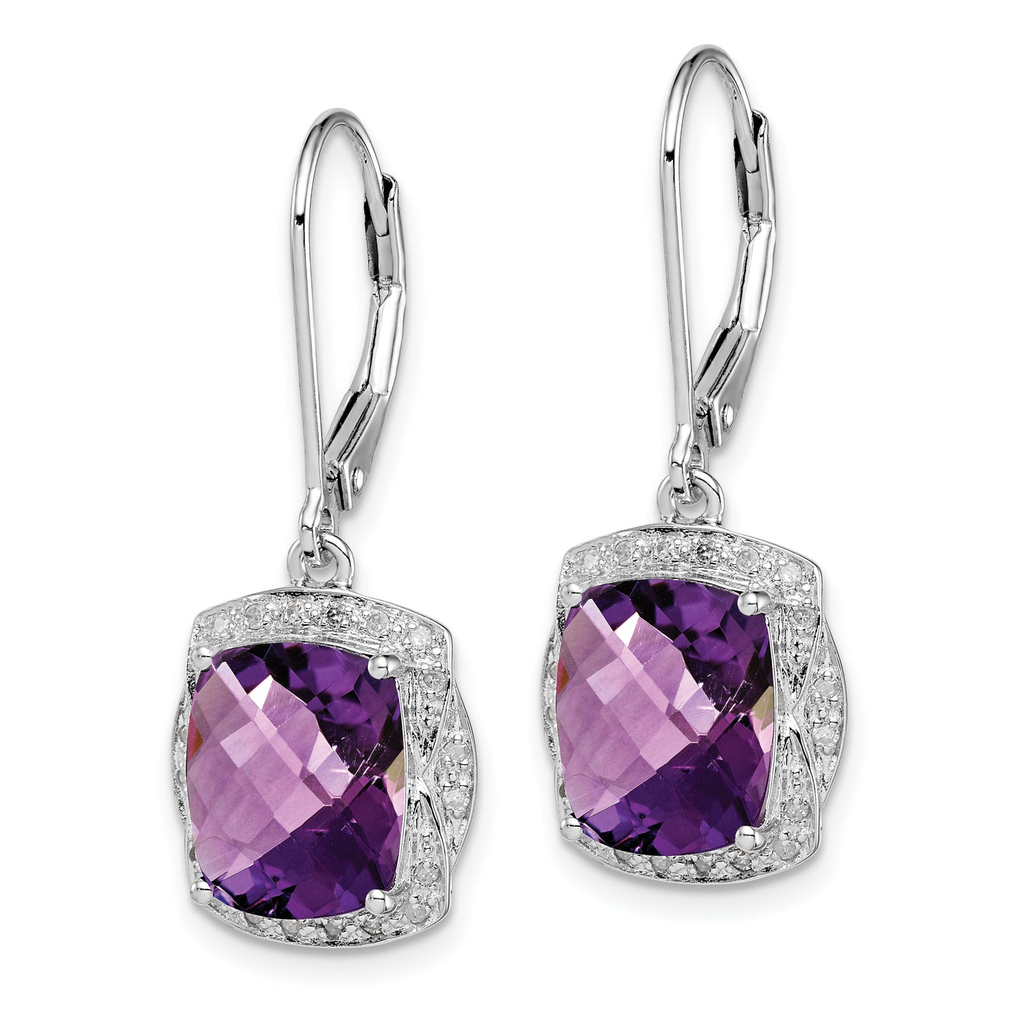 Sterling Silver Rhodium-Plated Diamond And Amethyst Earrings