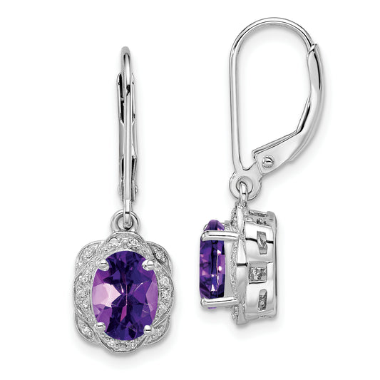 Sterling Silver Rhodium-Plated Diamond And Amethyst Earrings