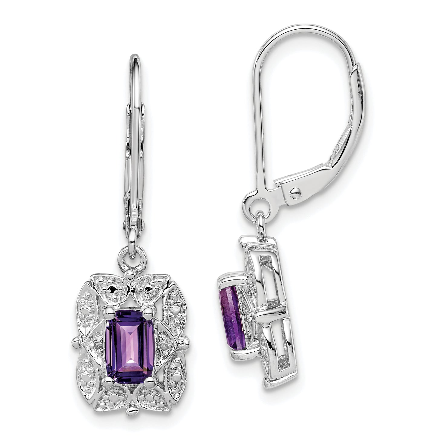 Sterling Silver Rhodium-Plated Diamond And Amethyst Earrings