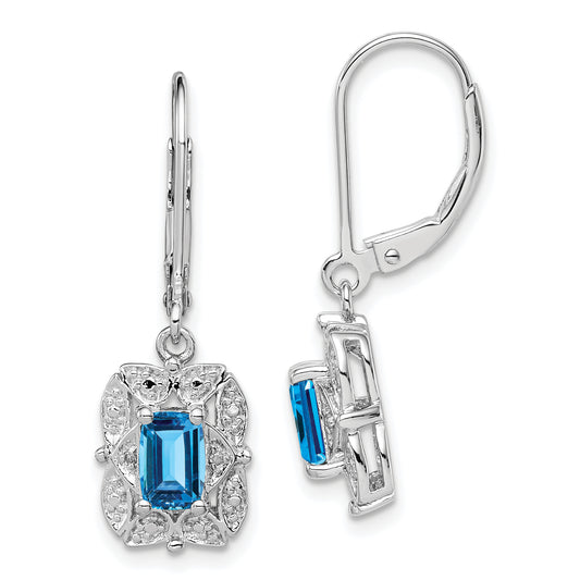 Sterling Silver Rhodium-Plated Diamond And Blue Topaz Earrings