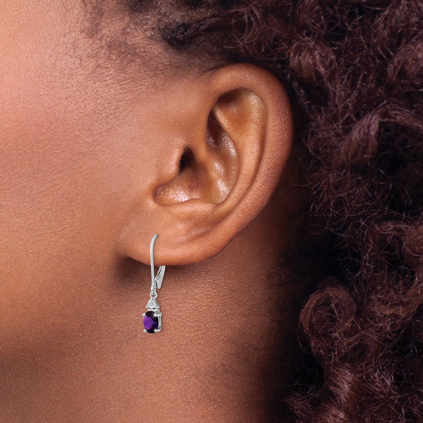 Sterling Silver Rhodium-Plated Diamond And Amethyst Earrings