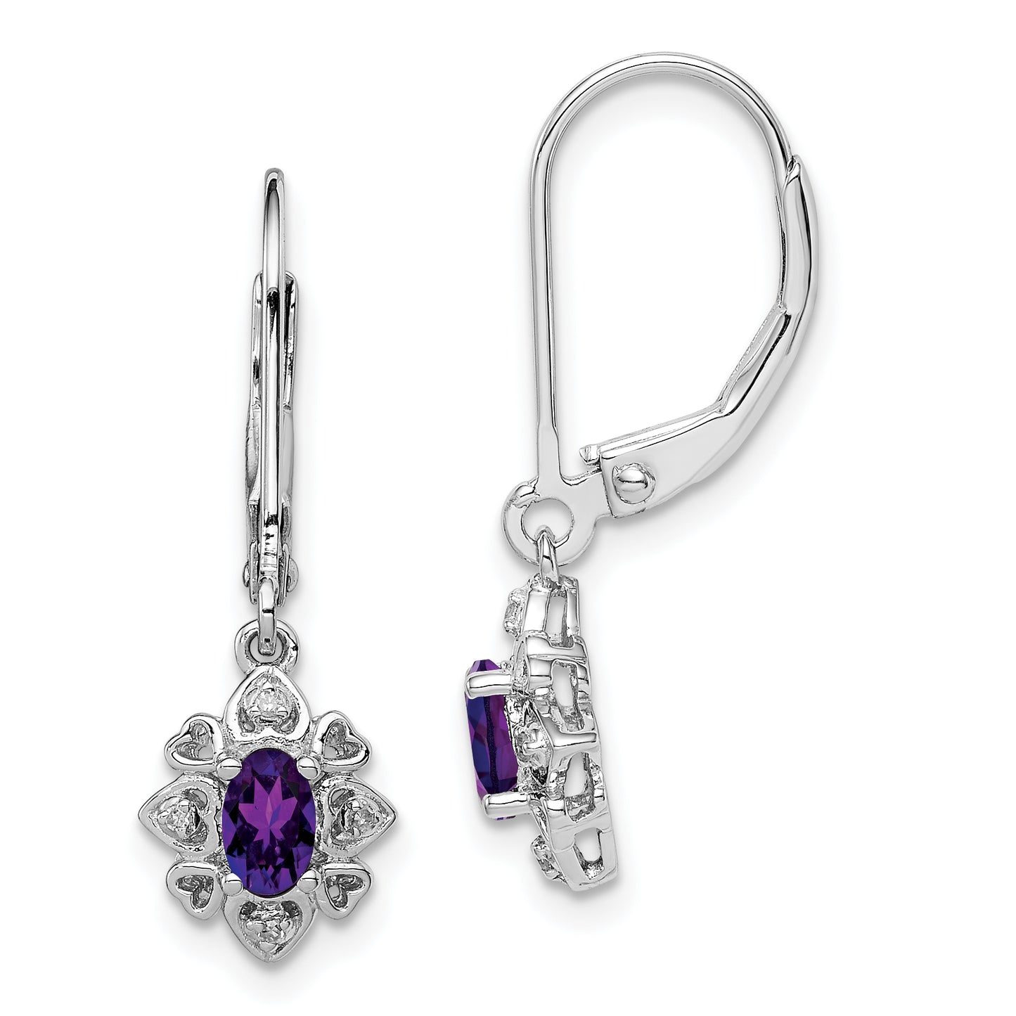 Sterling Silver Rhodium-Plated Amethyst And Diamond Earrings