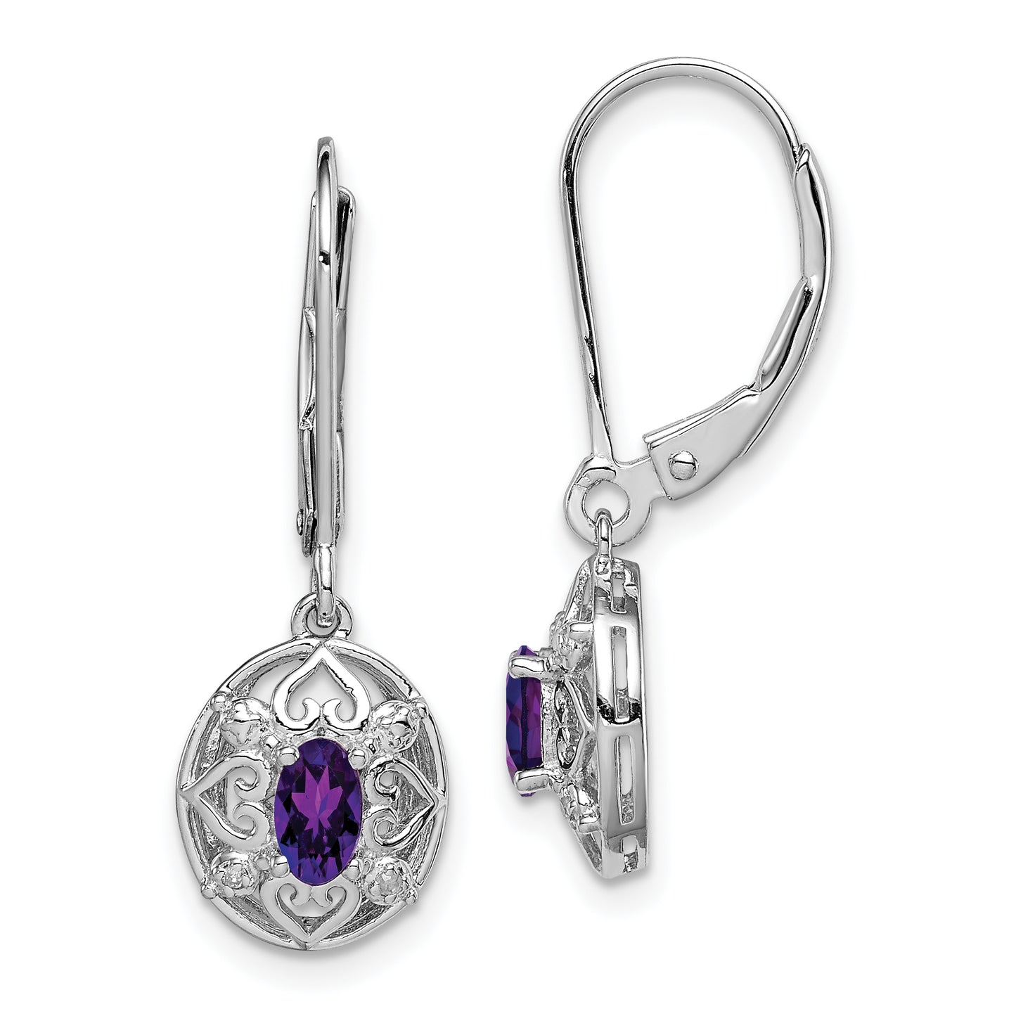 Sterling Silver Rhodium-Plated Amethyst And Diamond Earrings