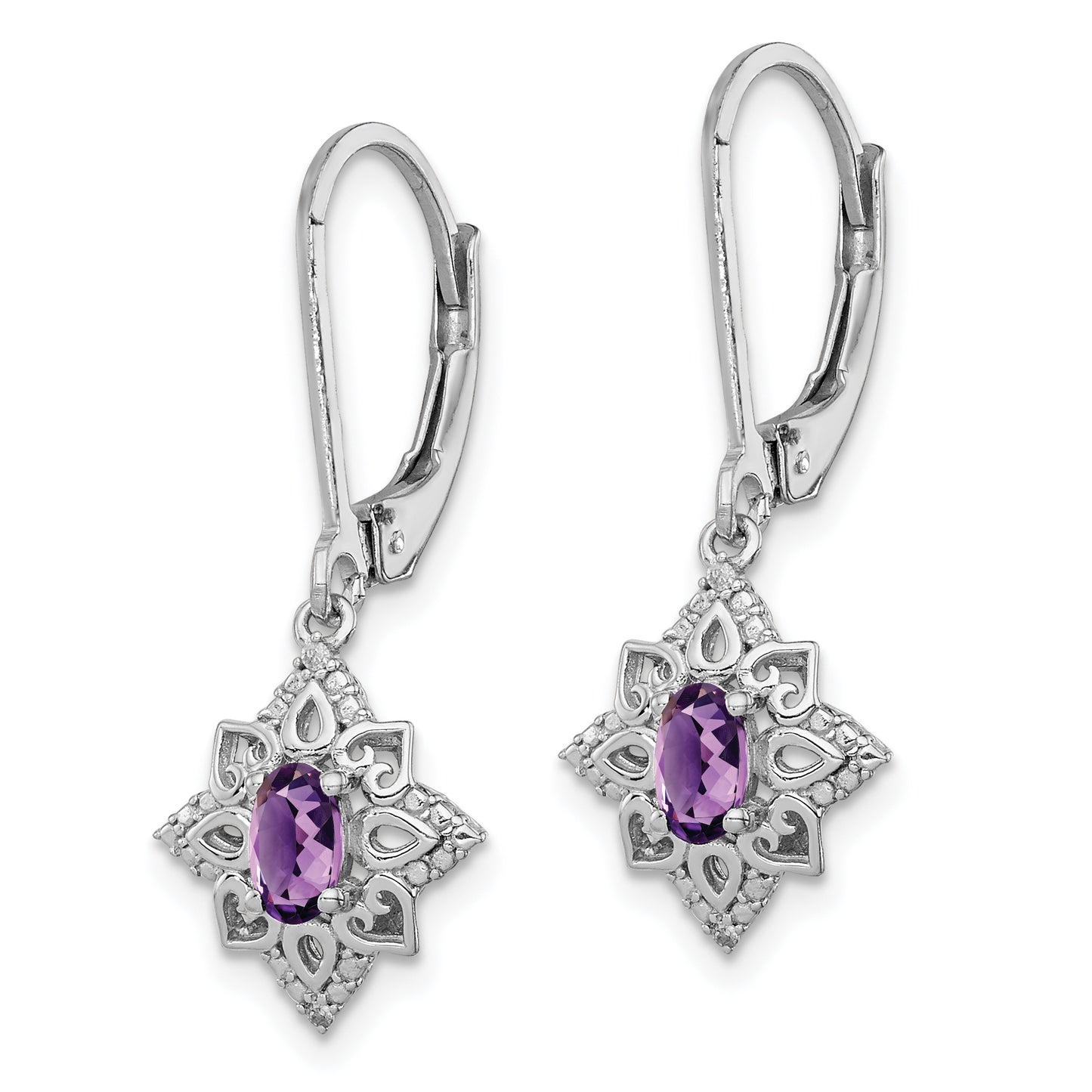 Sterling Silver Rhodium-Plated Amethyst And Diamond Earrings