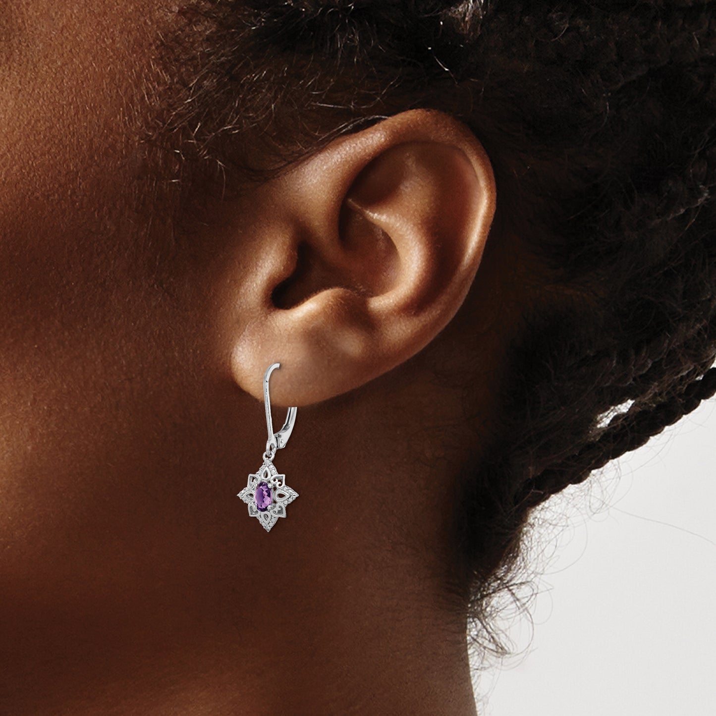 Sterling Silver Rhodium-Plated Amethyst And Diamond Earrings