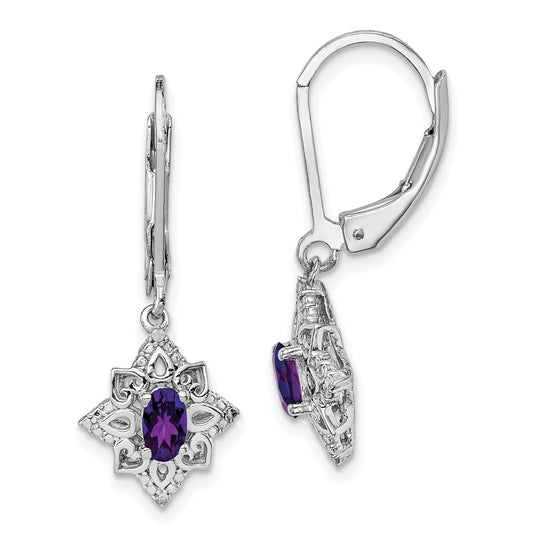 Sterling Silver Rhodium-Plated Amethyst And Diamond Earrings