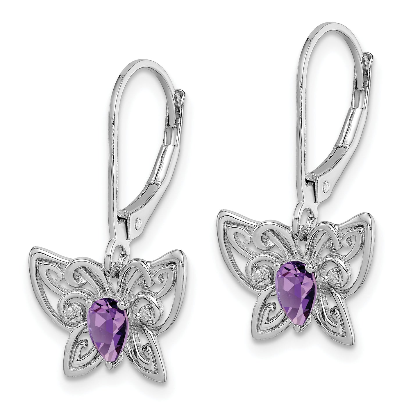 Sterling Silver Rhodium-Plated Amethyst And Diamond Butterfly Earrings