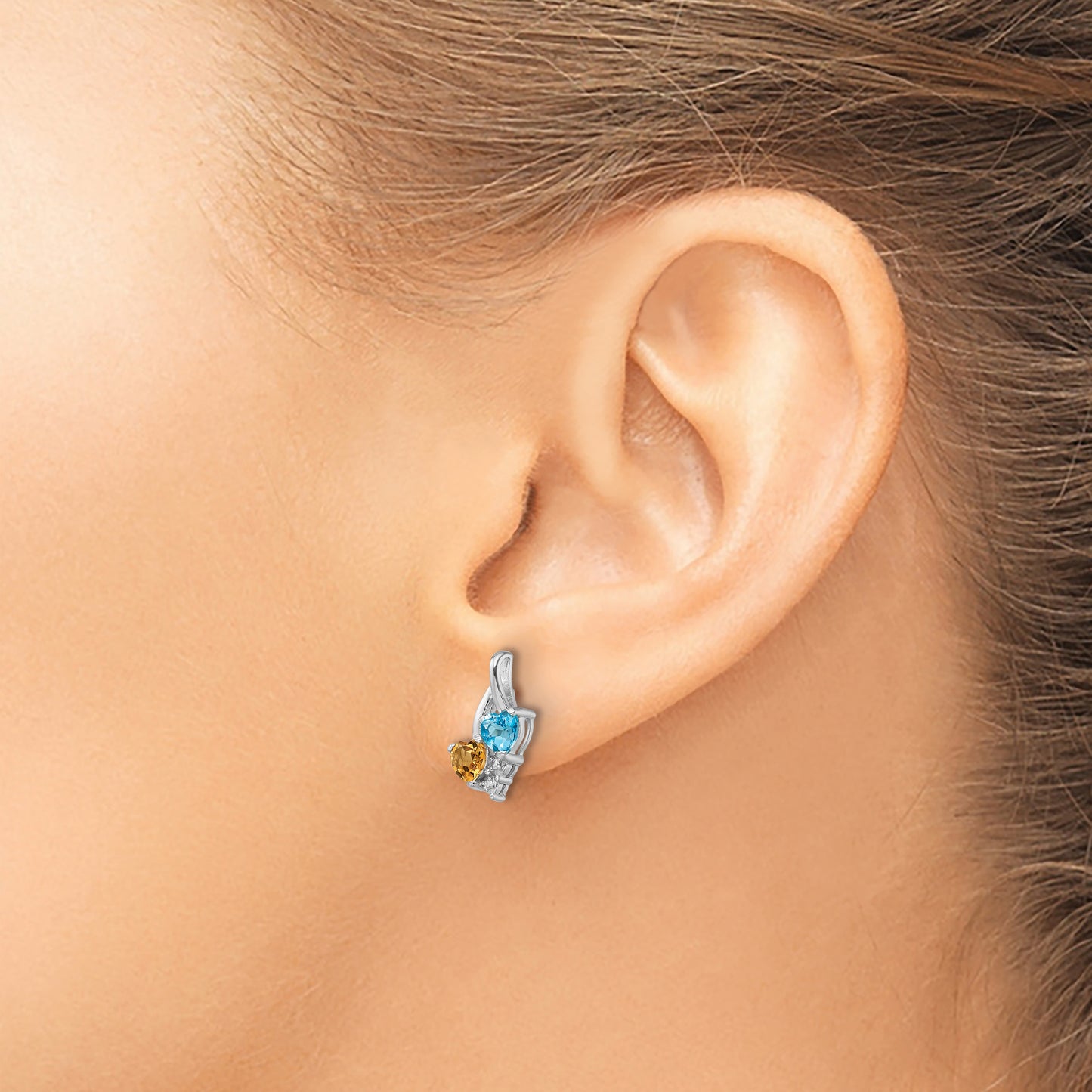 Sterling Silver Rhodium-Plated Blue Topaz And Citrine Diamond Earrings