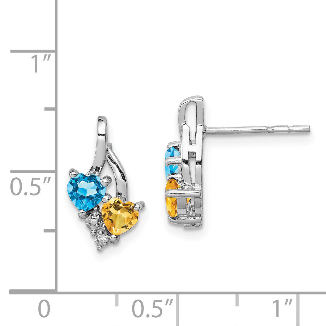 Sterling Silver Rhodium-Plated Blue Topaz And Citrine Diamond Earrings