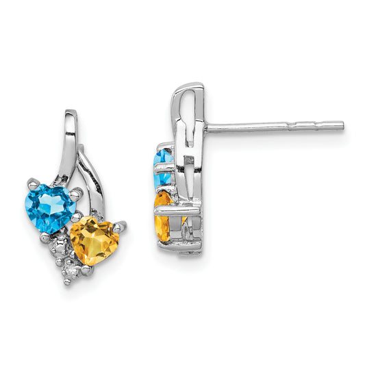 Sterling Silver Rhodium-Plated Blue Topaz And Citrine Diamond Earrings