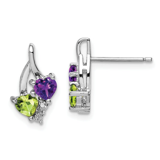 Sterling Silver Rhodium-Plated Amethyst Peridot Diamond Earrings