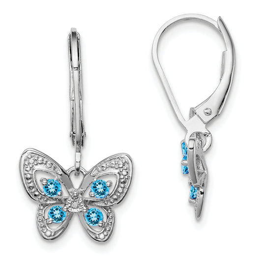 Sterling Silver Rhodium-Plated Blue Topaz And Diamond Earrings