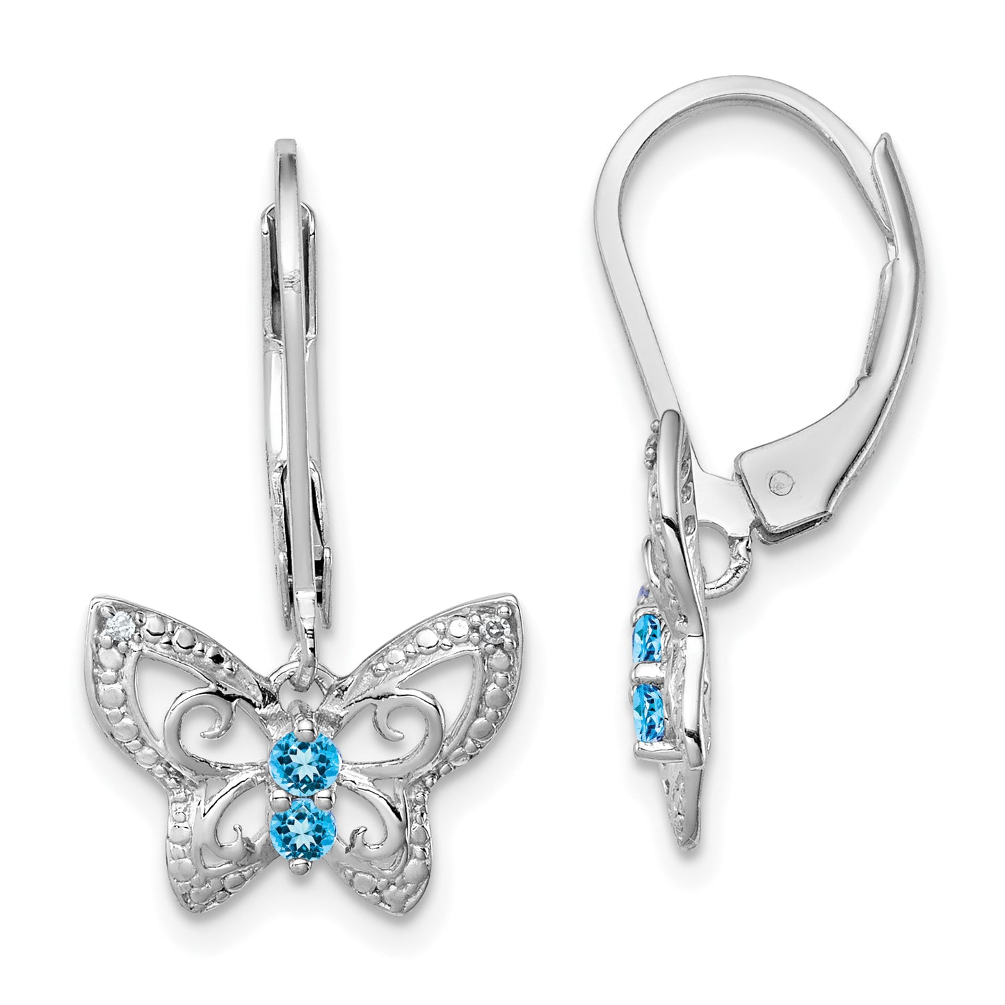 Sterling Silver Rhodium-Plated Blue Topaz And Diamond Earrings