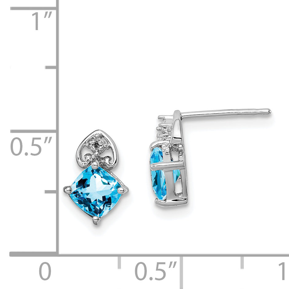 Sterling Silver Rhodium Plated Diamond And Blue Topaz Post Earrings