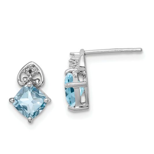 Sterling Silver Rhodium Plated Diamond And Blue Topaz Post Earrings