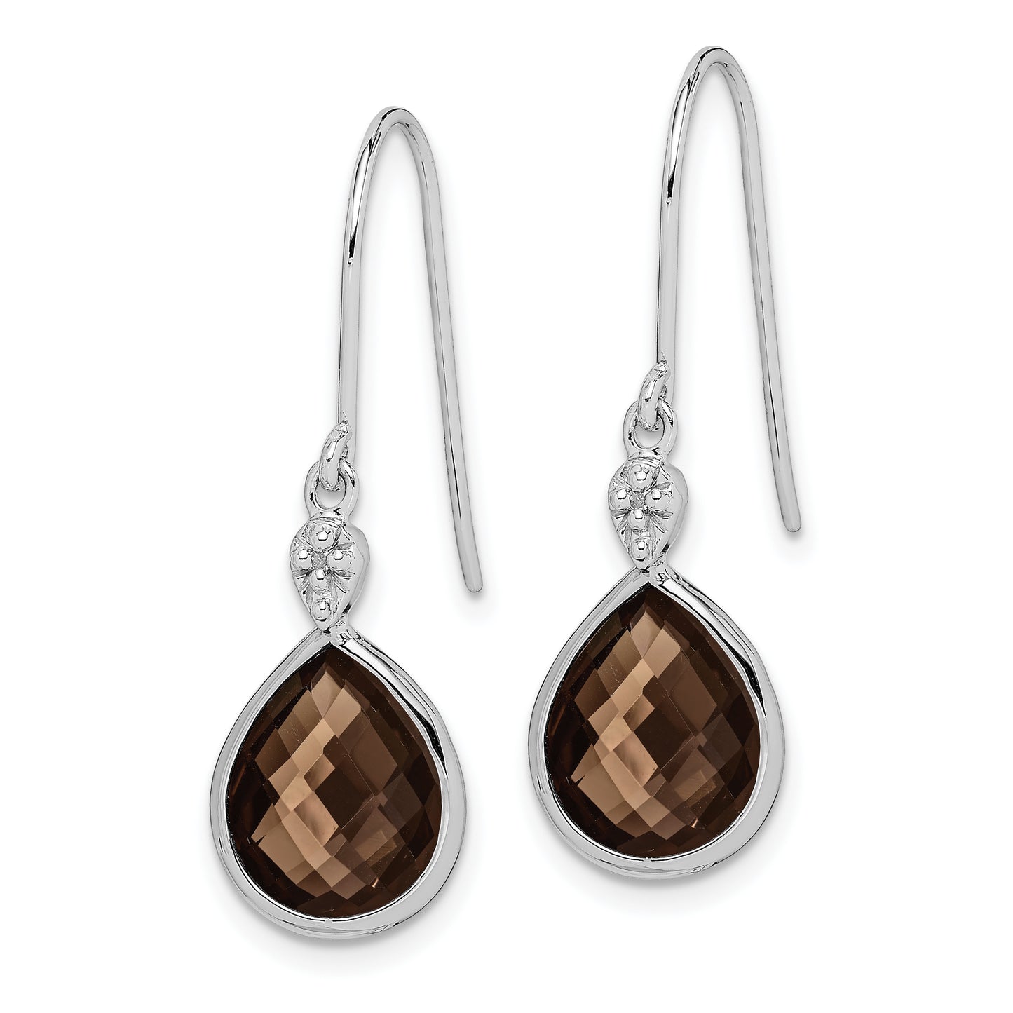 Sterling Silver Rh Plated Diamond And Smoky Quartz Dangle Earrings