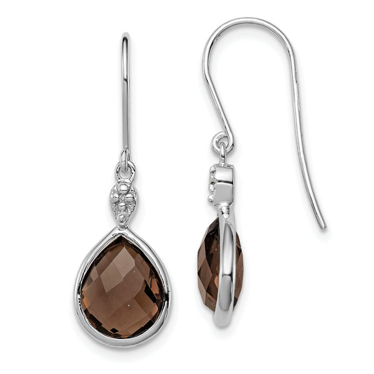 Sterling Silver Rh Plated Diamond And Smoky Quartz Dangle Earrings