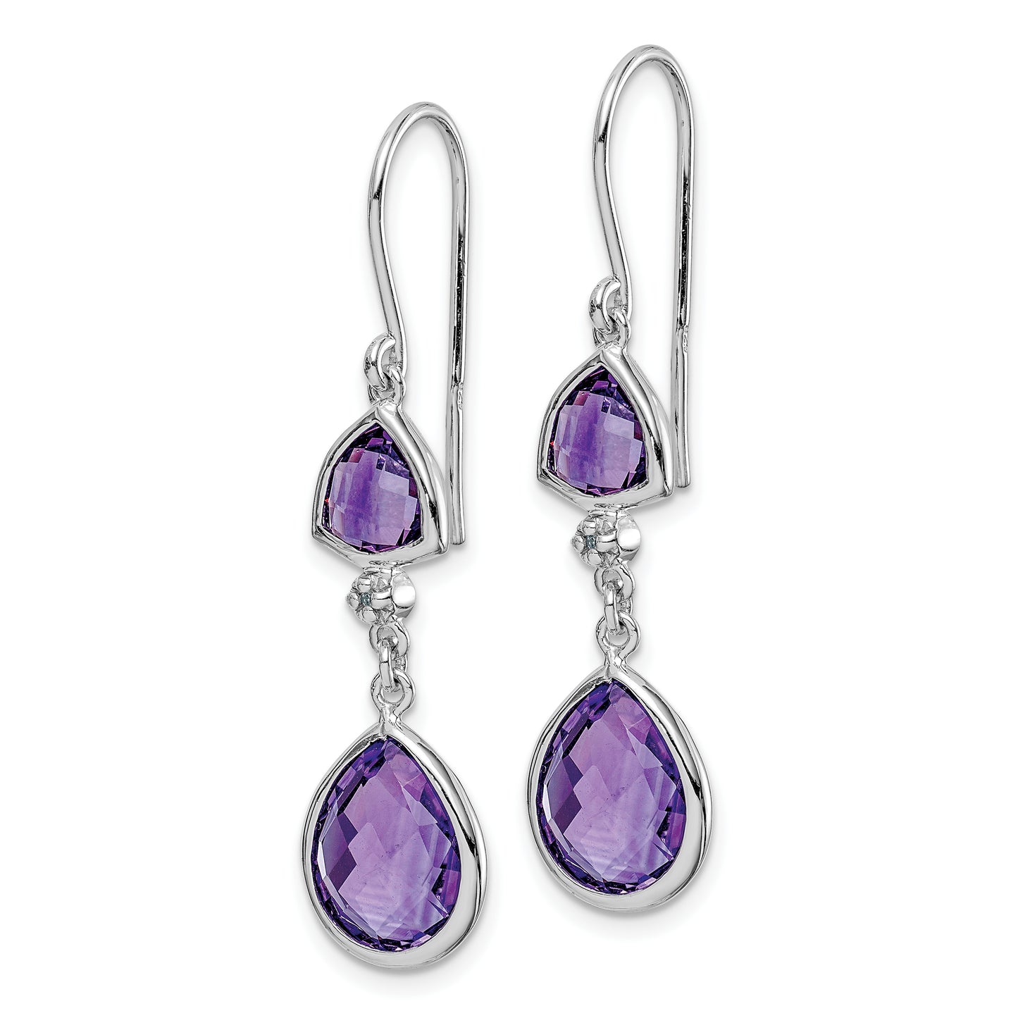 Sterling Silver Rhodium Plated Diamond And Amethyst Dangle Earrings