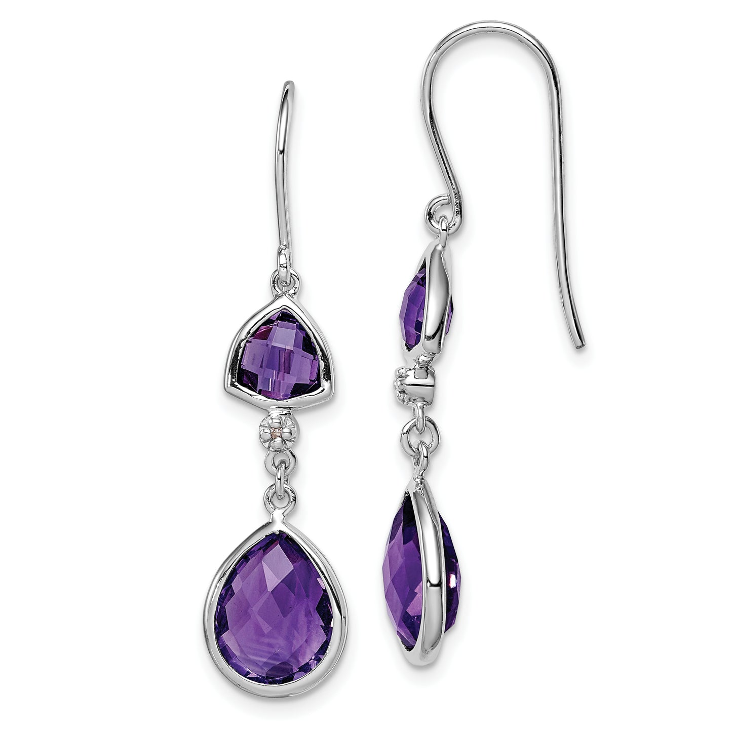 Sterling Silver Rhodium Plated Diamond And Amethyst Dangle Earrings