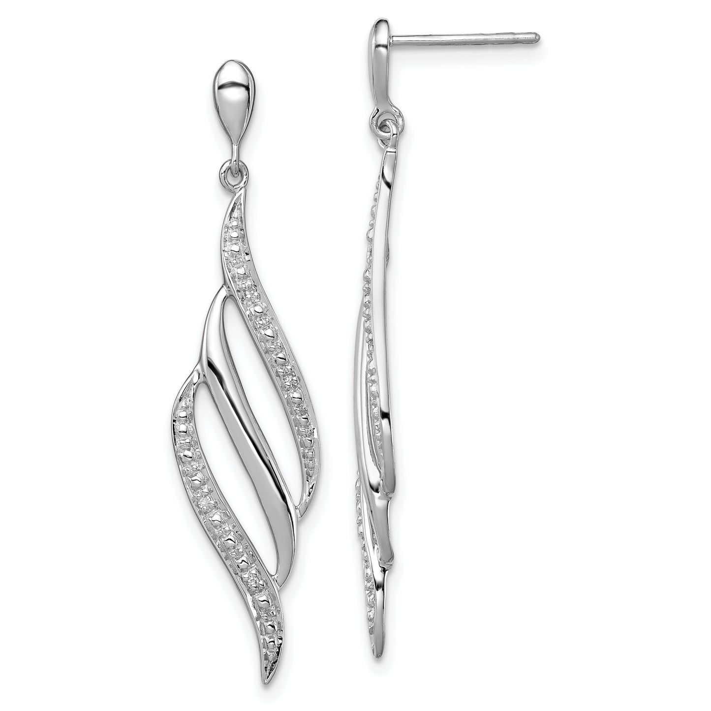 Sterling Silver Rhodium Plated Diamond Swirl Post Dangle Earrings