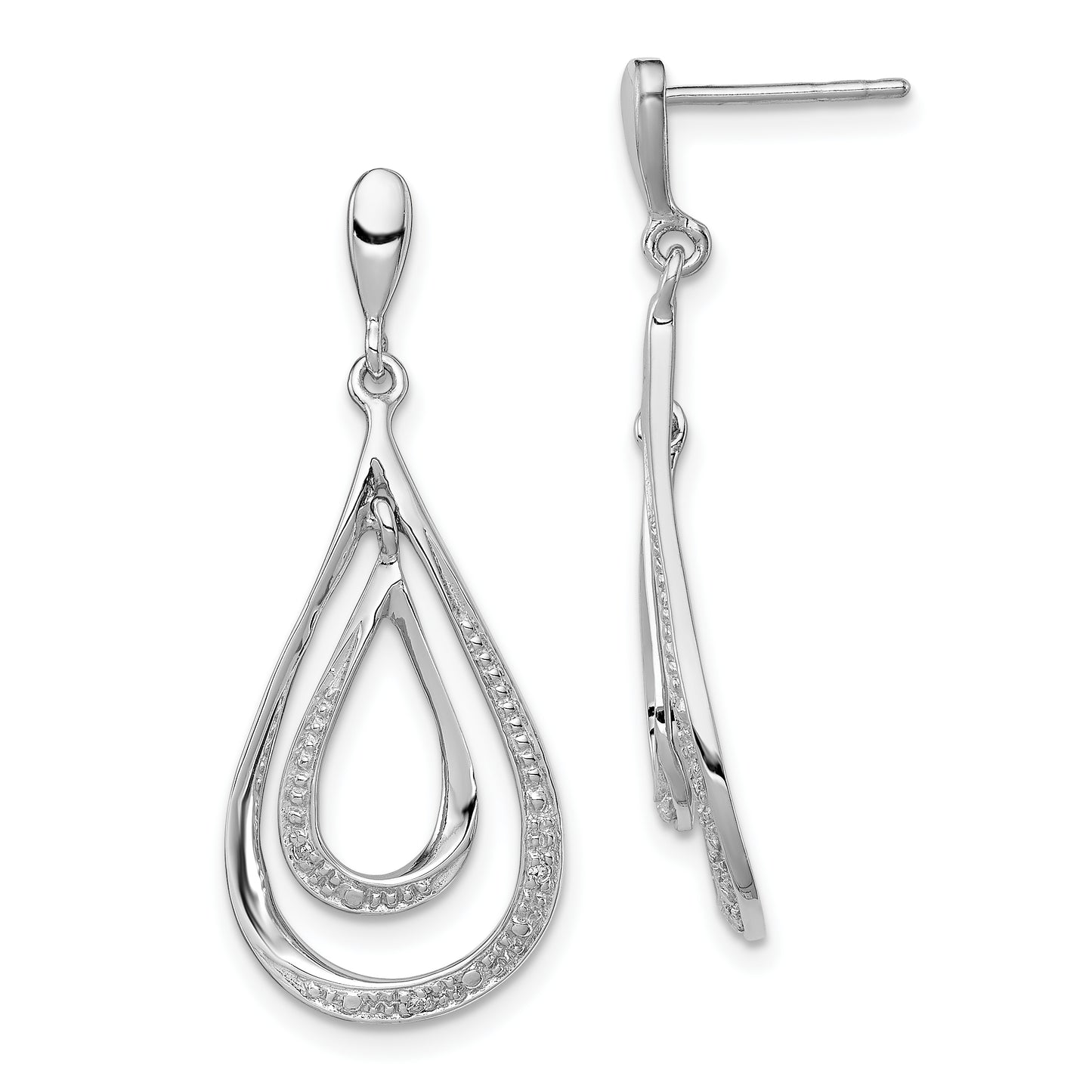 Sterling Silver Rhodium Plated Diamond Post Dangle Earrings