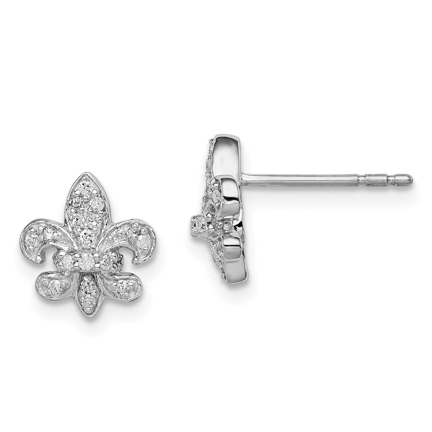 Sterling Silver Rhodium 0.16Ct Diam. Fleur De Lis Post Earrings