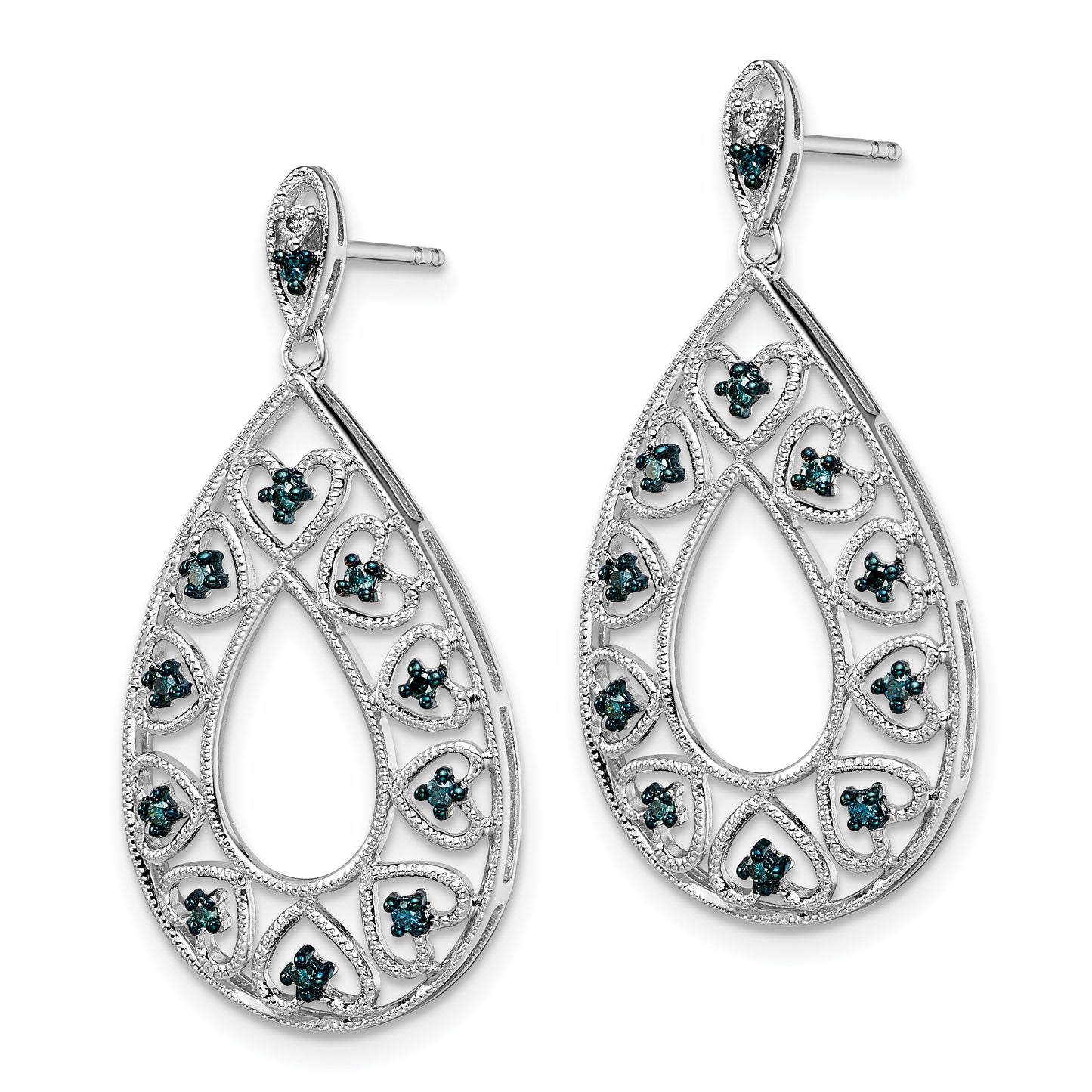 Sterling Silver White Night Rhodium-Plated Dangle Blue And Diamond Post Earrings