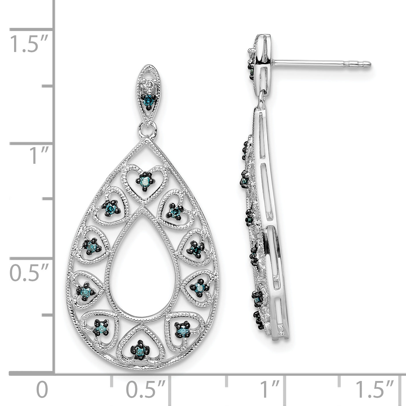 Sterling Silver White Night Rhodium-Plated Dangle Blue And Diamond Post Earrings