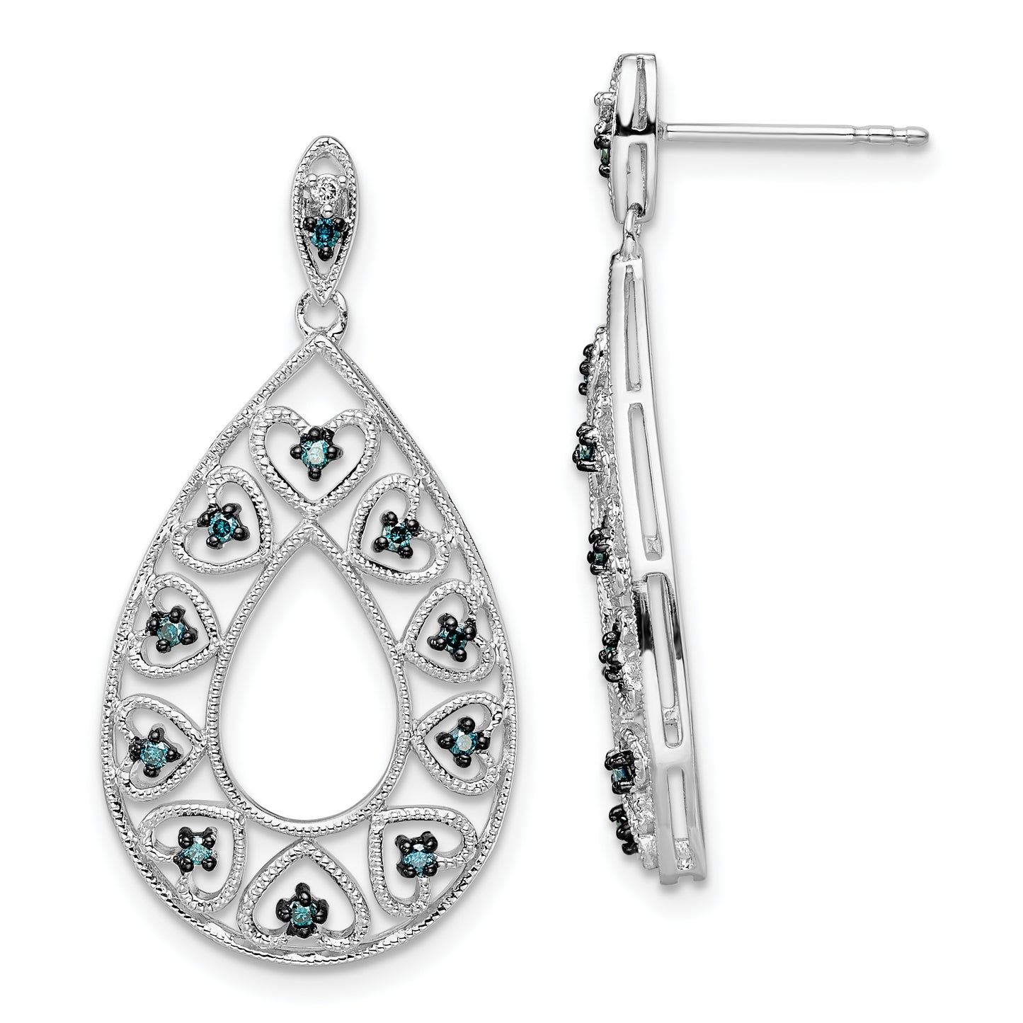 Sterling Silver White Night Rhodium-Plated Dangle Blue And Diamond Post Earrings