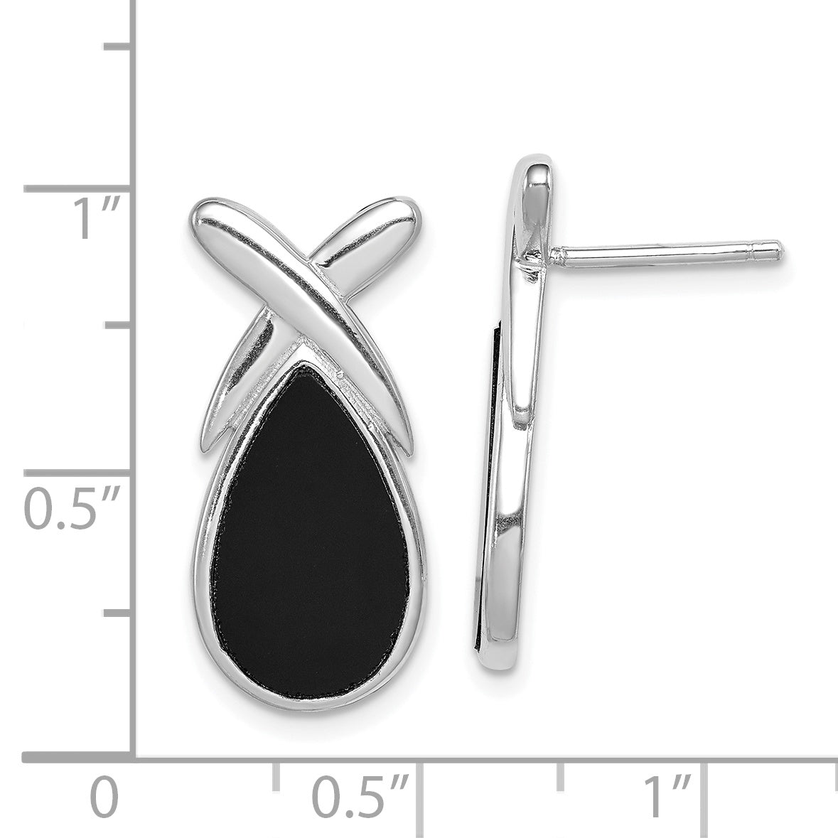 Sterling Silver Rhod-Plated Polished Onyx Teardrop X Post Drop Earrings