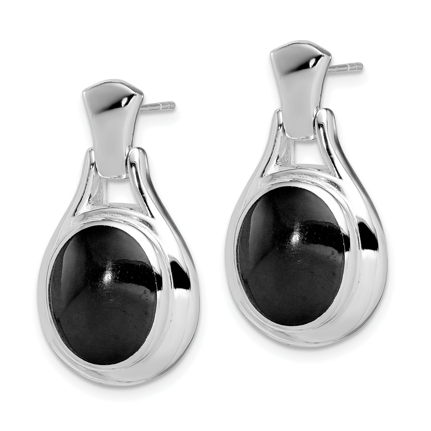 Sterling Silver Rhodium-Plated Polished Oval Onyx Post Dangle Earrings