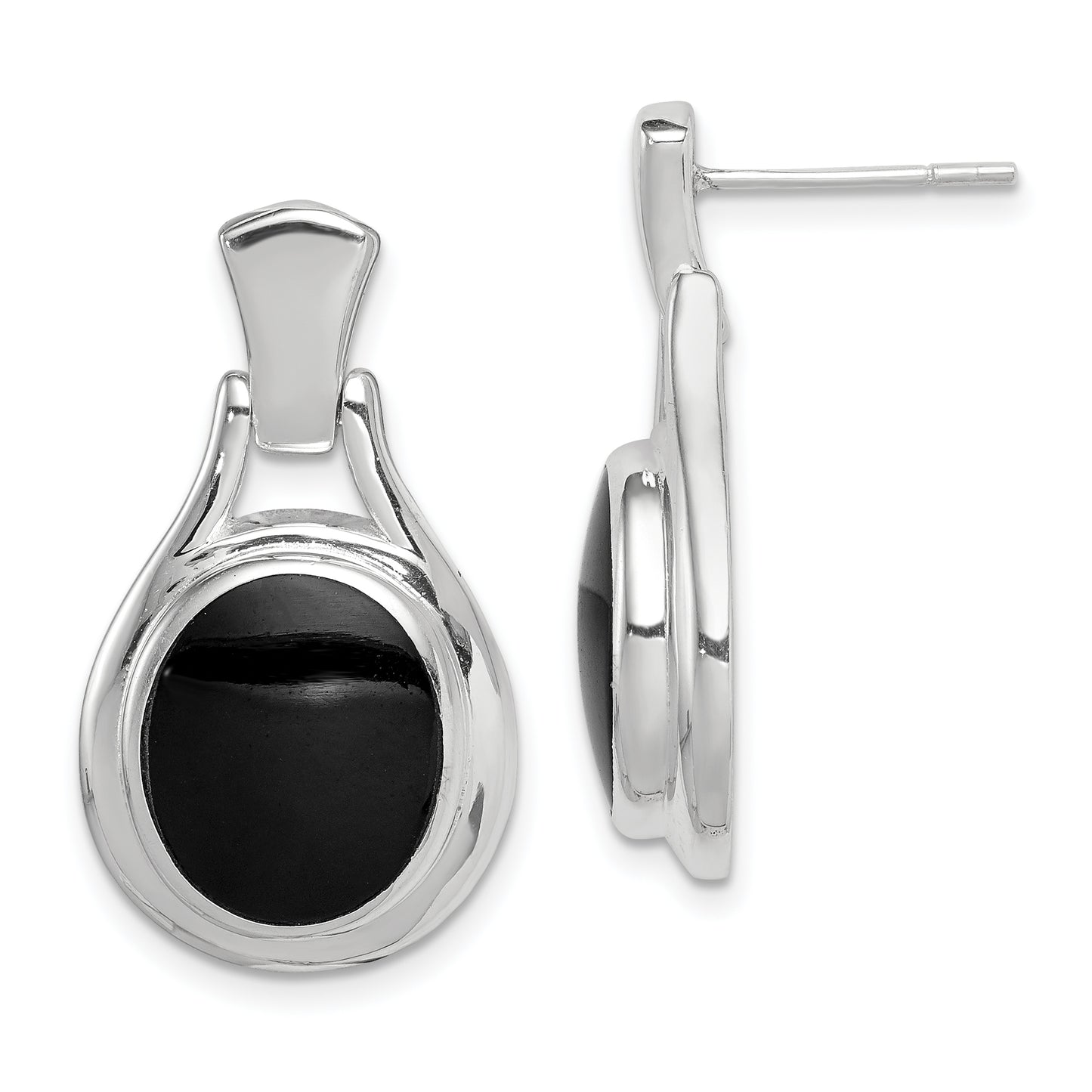 Sterling Silver Rhodium-Plated Polished Oval Onyx Post Dangle Earrings