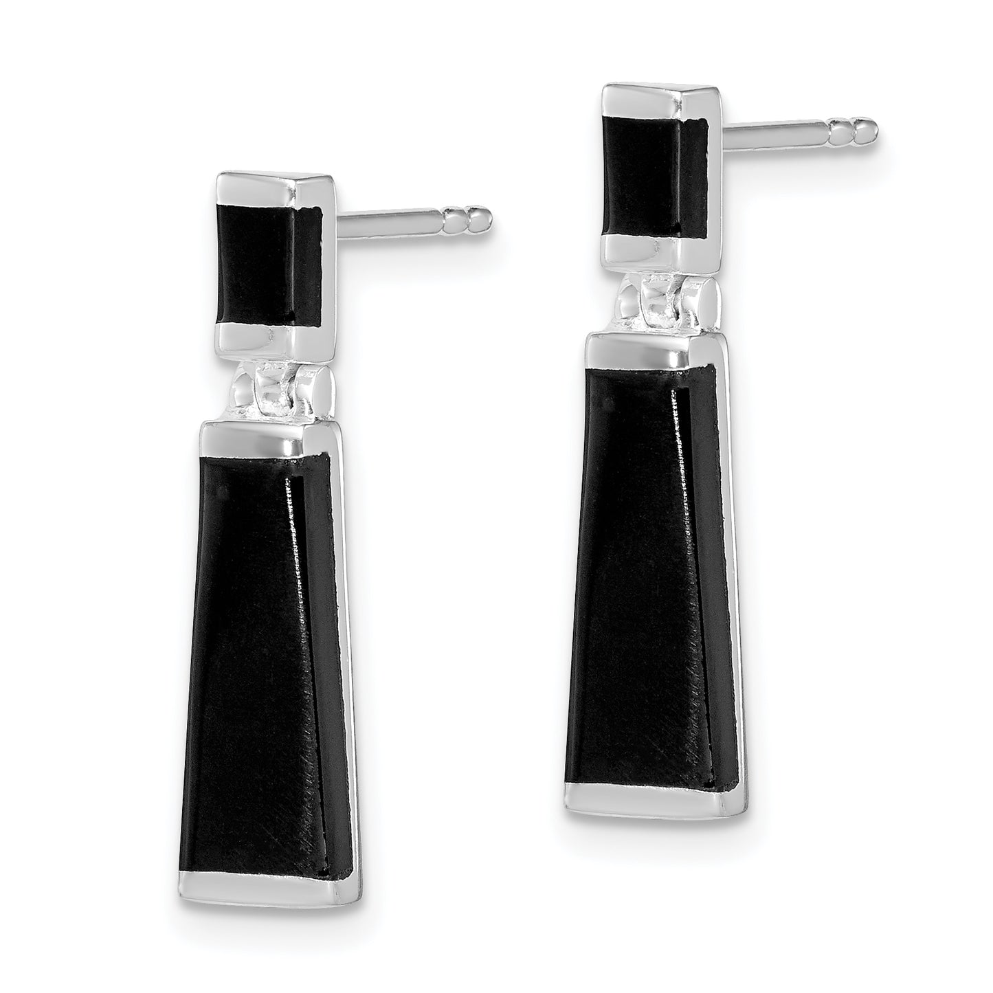 Sterling Silver Rhodium-Plated Polished Tapered Onyx Post Drop Earrings