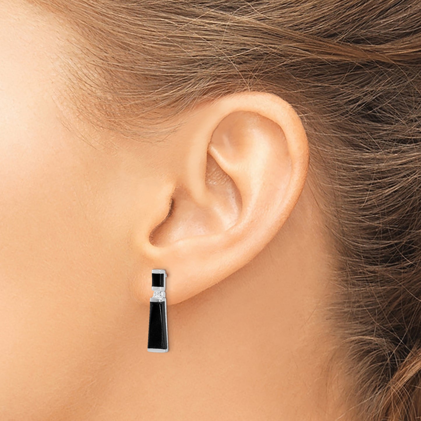 Sterling Silver Rhodium-Plated Polished Tapered Onyx Post Drop Earrings