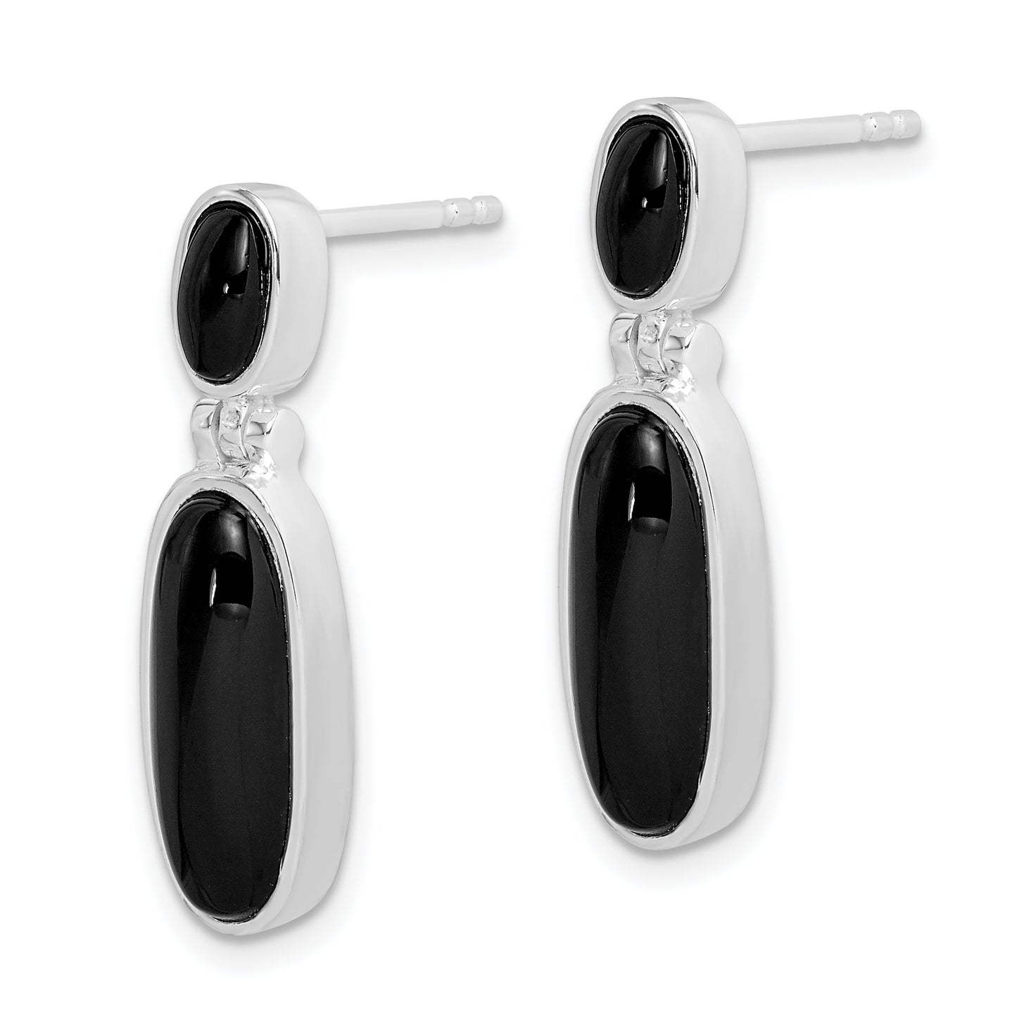 Sterling Silver Rhodium-Plated Polished Oval Onyx Post Dangle Earrings