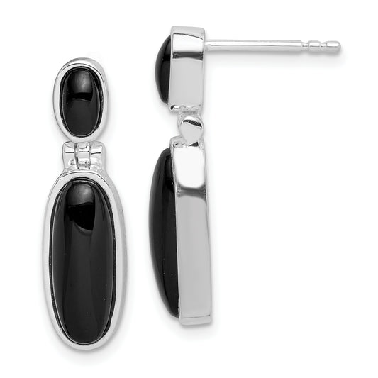 Sterling Silver Rhodium-Plated Polished Oval Onyx Post Dangle Earrings