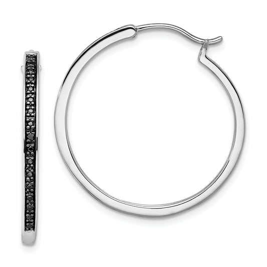 Sterling Silver White Night Rhodium-Plated Black Diamond Hoop Earrings