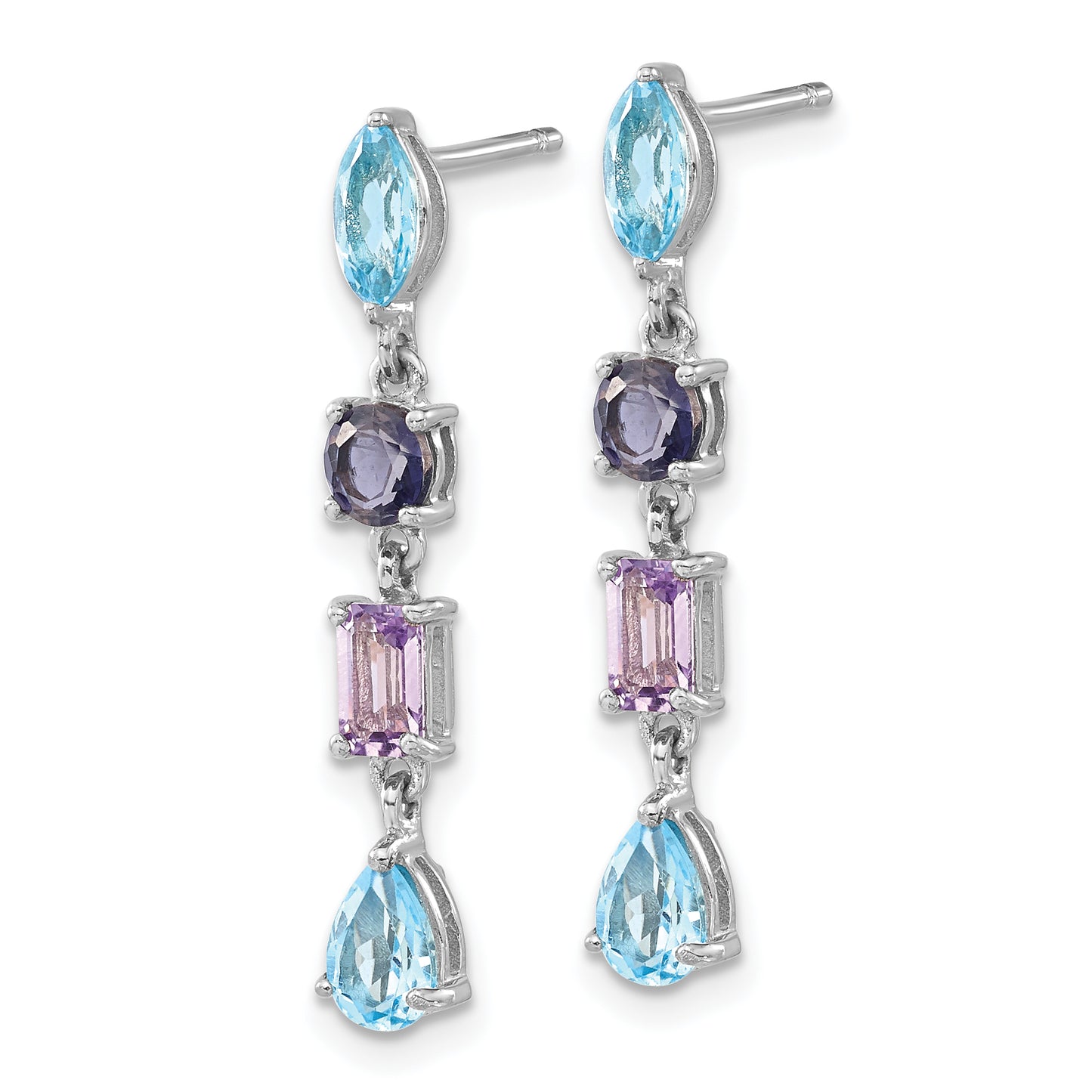 Sterling Silver Rhodium Amethyst Blue Topaz And Iolite Dangle Earrings